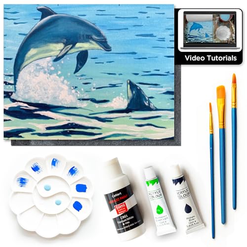 DIY Painting Class Kits for Adults with Video Tutorials, Learn to Paint Dolphin, How to Paint with Acrylic Paint Sets for Adult, 9 Peices Art Set & Painting Supplies Gifts for Mom - color: Playful Dolphins