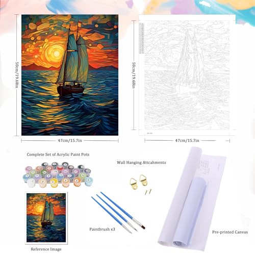 Natuyalo Paint by Numbers for Adults - DIY Adult Paint by Number Kits Painting on Canvas Sailboat Painting by Numbers for Beginners, Sunset Landscape Art Craft Kits for Adults (16x20 Inch) - color: ART-03