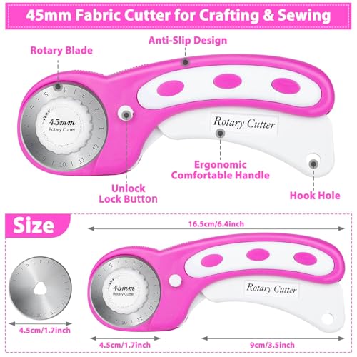 Rotary Cutter and Mat Set, Audab Self Healing Sewing Mats Shirt Cutter 45mm Fabric Cutter Wheel with 2 Blades Rotary Cutting Mat for Crafts Fabric Quilting Hobby (9" x 12" (A4) - color: Pink