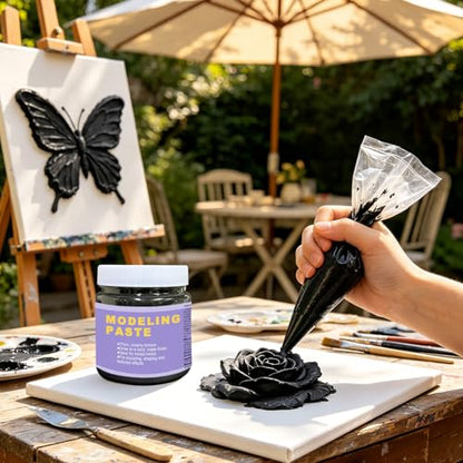Black & Golden Acrylic Modeling Paste & 5pcs Piping Bags Bags & Squeegee with Teeth, Acrylic Medium for Texture Art, Texture Paste for Acrylic Painting, Canvas, Sculpture, Art Projects, 3D Effect - color: Black & Golden Modeling Paste + 5pcs Bags+ 2pcs To