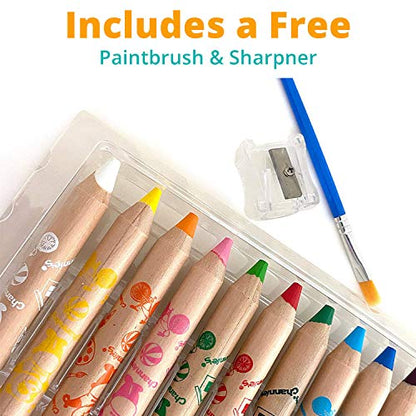 Channie's 3 in 1 Water Soluble Crayons for Kids: Wax Crayons, Color Pencils & Water Color, With Free Paint Brush & Sharpener, Paint on Any Smooth Surface, 12 Color Set