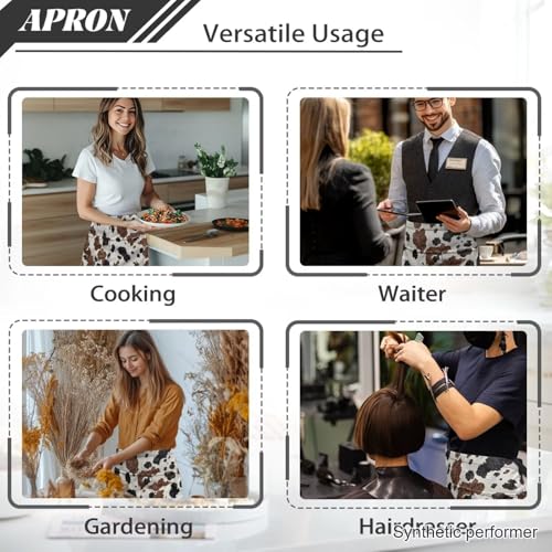 Waist Apron with 3 Pockets Waterproof 13 Inch Short Half Waist Aprons Women Men Server Aprons Waitress Waiter Apron - color: Brown Cow Print