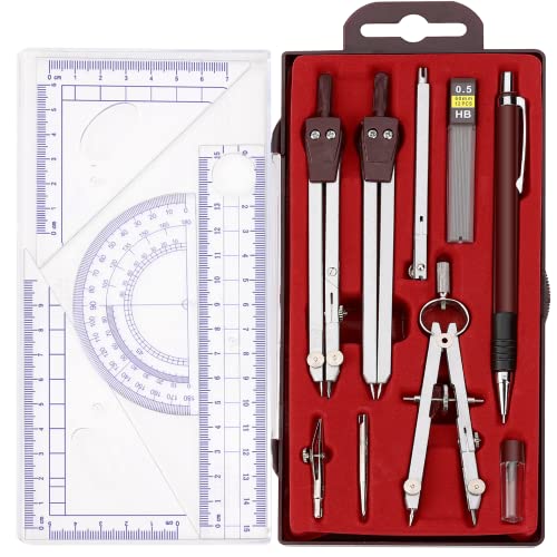Compass Geometry Tool, 13PCS Compass and Protractors Set Math Geometry Drawing Tool Precision Set Graphic Compasses Triangle Rulers Pencils Protractor with Storage Case (Brown) - color: Brown