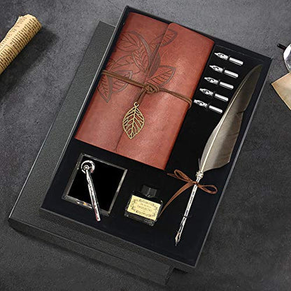 GCCL Quill Pen and Ink Set, Antique Feather Dip Calligraphy Pen Set, including Feather Pen, 5 Replacement Nibs, Pen Nib Base, Notebook, Ink, Gift Box, Best Gifts for Men Dad (Grey) - color: Grey