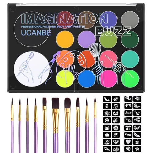UCANBE Face Painting Kit for Kids & Adults -18 Colors Non-Toxic Water Based Face Body Paint Palette with Paint Brushes&Stencils, Professional Facepaint Set for Halloween SFX Makeup, Cosplay & Costume - color: Painting Palette Set