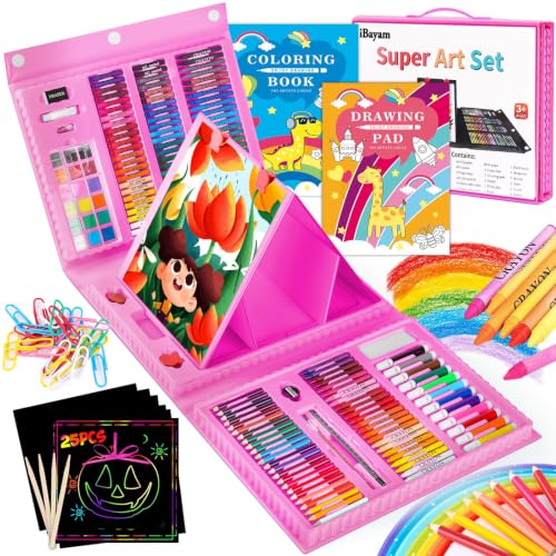 iBayam 251-Pack Pink Art Supplies, Drawing Arts Kits for Kids Teens Adult | Drawing Pad, Coloring Book, Scratch Paper, Travel Art Set Case with Double Sided Trifold Easel, Gifts for Girls 4-16 Year Old - color: Pink