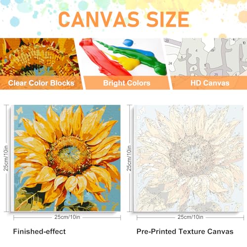 Offito Framed Paint by Numbers Kit for Adults Beginners, Sunflower | 10x10 Inch, without Easel, Easy DIY Acrylic Canvas Craft Kit with Frame, Home Decor, Stress Relief Relaxing Hobby Gift - color: BOP1PF02, size: 10 x 10 Inch