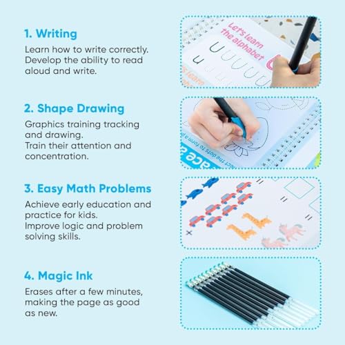 Kiddospace Handwriting Practice Kit - Handwriting Workbook - Includes 4 Reusable Workbooks for Math, Numbers, Alphabet & Drawing -Handwriting Practice Books for Kids - Disappearing Ink Pen Included