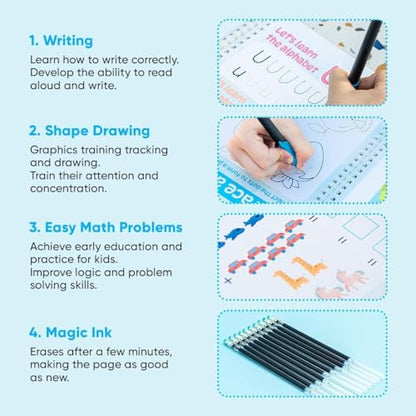 Kiddospace Handwriting Practice Kit - Handwriting Workbook - Includes 4 Reusable Workbooks for Math, Numbers, Alphabet & Drawing -Handwriting Practice Books for Kids - Disappearing Ink Pen Included