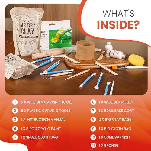 Wonks Air Dry Clay Pottery Kit for Adults & Kids - 30 Piece Kit - Acrylic Paint & Sculpting Tools Included - Carving Tools, Sponge & More - A Complete Beginners Pottery Set - 2KGs of Clay Included
