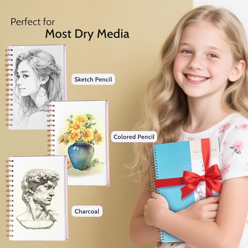 Yoment Small Sketch Book 5.5"x8.5",Mini Sketchbook,Spiral Bound,100 Sheets | Blue,68 lb/100gsm Hardcover Sketch Pad for Kids,Art Sketchbook Drawing Pad Book with Pencil,For Kids, Beginners,Artists - color: 3-Blue, size: 5.5 x 8.5