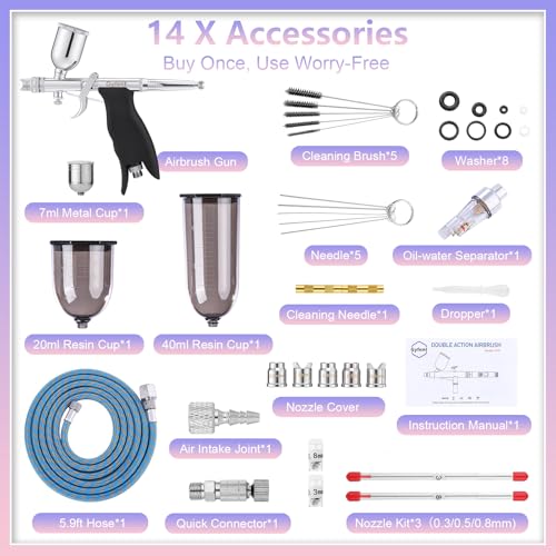 Gyfent Dual-Mode Airbrush Kit, 3 Nozzle Sets, Cups for Model Art | Round & Fan Caps, 0.3/0.5/0.8Mm Quick-Release Nozzles, Metal & Resin Cups, For Crafts, Cake, Nails - size: Dual-Mode Trigger