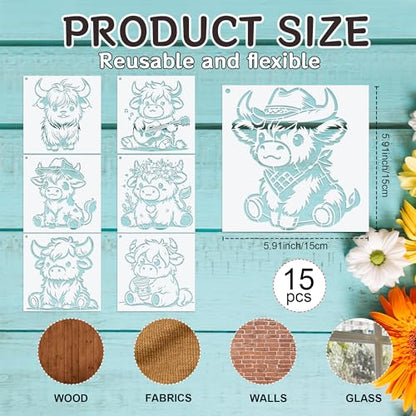 Keluna Highland Cow Stencils for Painting - 15 Pcs Animal Wood Burning Stencils, Farmhouse Cow Print Stencils for Crafts Reusable, Template for Painting on Canvas Wall Furniture Craft - style: highland cow