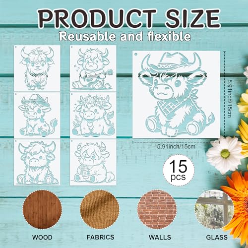 Keluna Highland Cow Stencils for Painting - 15 Pcs Animal Wood Burning Stencils, Farmhouse Cow Print Stencils for Crafts Reusable, Template for Painting on Canvas Wall Furniture Craft - style: highland cow