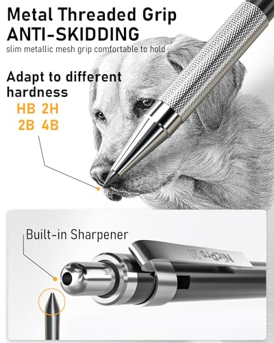 Nicpro 6 PCS Art Mechanical Pencil Set, Black Metal Drafting Pencil 0.3, 0.5, 0.7, 0.9 mm & 2PCS 2mm Graphite Lead Holder(4B 2B HB 2H) For Writing Sketching Drawing With 8 Lead Refills Eraser Case - color: Black