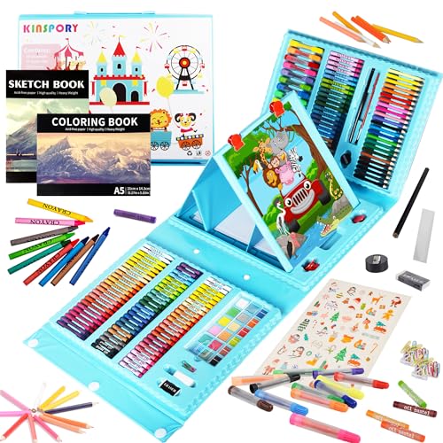 KINSPORY Art Set for Kids, 290 Pack Double-Side Easel Drawing Kits (Blue) | Creative Gift, art & crafts supplies, Coloring, oil pastel, crayon, colored pencil, watercolour pen, Beginner Artist Girl Boy - color: Blue
