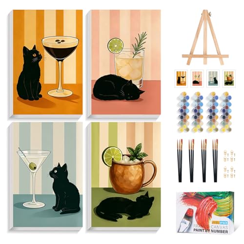 4 Pack Paint by Numbers Kit for Adults with Frame, Black Cat Painting Kit | with Wooden Easel, Cocktail DIY Acrylic Painting Craft for Beginners, Stress Relief, Home Wall Decor, Cat Lovers, 8 x 12 Inch - color: CYOP4P06