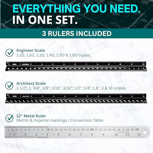 Architectural Scale Ruler and Engineering Scale Ruler Set, 12-Inch, 3-Piece | Architect and engineer scale ruler set with a 12-inch stainless steel ruler for drafting, blueprints and construction plans
