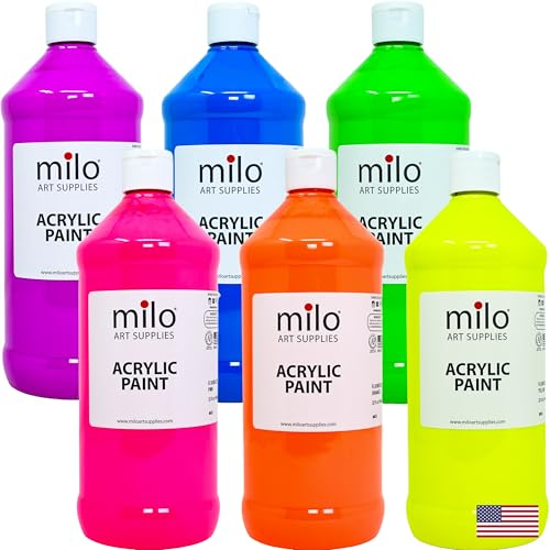 milo Fluorescent Acrylic Paint Set, 6 Neon UV Colors, 32 oz Bottles | Glows in Black Light, AP Certified Non-Toxic, Made in USA, Arts & Crafts Paints for Artists, Student, Hobby Painters, Mixable - style: Fluorescent Set 6 x 32 oz