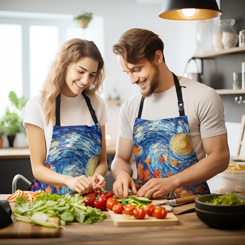 Fall Thanksgiving Aprons Van Gogh Starry Night Pumpkin Kitchen Apron with Two Pockets Maple Leaves Sunflower Cooking Apron with Adjustable Neck Strap for Baking Crafting Painting - color: Fall-starry Pumpkin