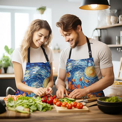 Fall Thanksgiving Aprons Van Gogh Starry Night Pumpkin Kitchen Apron with Two Pockets Maple Leaves Sunflower Cooking Apron with Adjustable Neck Strap for Baking Crafting Painting - color: Fall-starry Pumpkin