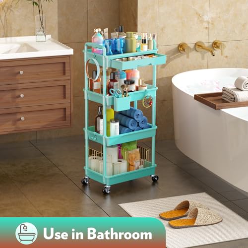 SUNALLY Makeup Cart Organizer with Drawer, 4 Tier Rolling Makeup Cart, Blue - color: Blue, size: 4 Tier