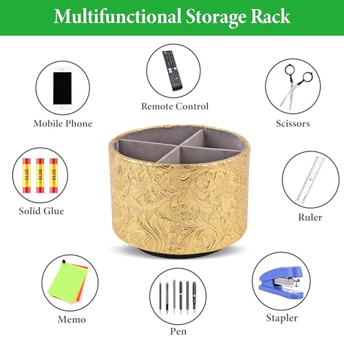 Round Leather Art Supply Organizer,Remote Control Holder,360 Degree Spinning,Multi-Functional Pencil Holder,4 Compartments Desktop Stationary Organizer(1-Carved Gold) - color: 1-Carved Gold