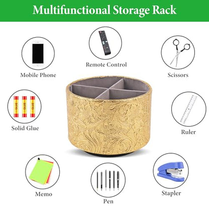 Round Leather Art Supply Organizer,Remote Control Holder,360 Degree Spinning,Multi-Functional Pencil Holder,4 Compartments Desktop Stationary Organizer(1-Carved Gold) - color: 1-Carved Gold