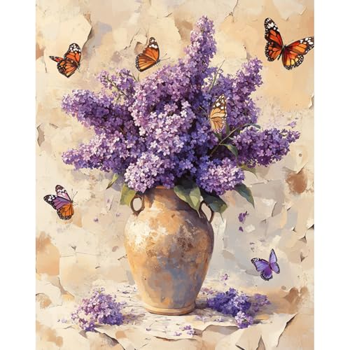 RICUVED Flowers Paint by Numbers for Adults, Vase Paint by Numbers Kit for Adults Beginners, Butterfly DIY Acrylic Oil Painting on Canvas Easy for Gift Home Wall Decor 16x20 Inch - color: SO031
