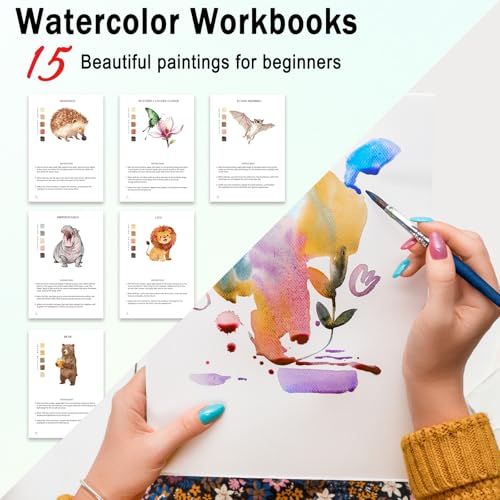Watercolor Workbooks for Adults Beginners & Teens, 16 Colors 15 Beautiful Paintings, Pre-Outlined Designs, Easy Watercolor Art Book（Without Palette Forest） - color: Forest, size: without palette