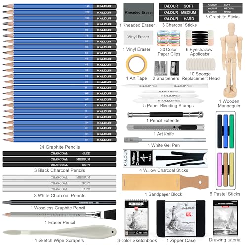 KALOUR 113PCS Drawing Set, Professional Sketching Kit with 3-Color Sketchbook,Graphite & Charcoal Pencils, Wooden Mannequin, Art Tools in Zipper Case, Art Supplies for Beginners & Artists Gift