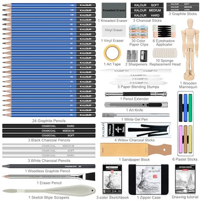 KALOUR 113PCS Drawing Set, Professional Sketching Kit with 3-Color Sketchbook,Graphite & Charcoal Pencils, Wooden Mannequin, Art Tools in Zipper Case, Art Supplies for Beginners & Artists Gift