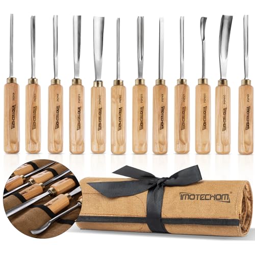 12-Piece Wood Carving Chisel Tools Set, Sharp CR-V Steel Blades | Precision woodworking tool kit with ash handles & canvas bag. Razor sharp 60CR-V blades for beginners and professionals - size: 12-Piece with Ash Handle