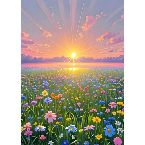 5D Diamond Art Kits for Adults, Sea of Flowers 5D Diamond Painting Dots Art Kits for Adults Beginner, Sunrise Flowers DIY Full Round Gem Crystal Art Paint by Diamond, Home Wall Decor 11.8X15.7inch - color: Flower Field