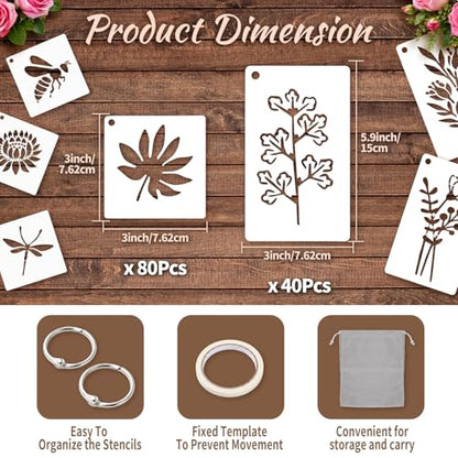 120Pcs Flower Stencils for Painting Reusable 3x6in with Ring Pouch | 2 Sizes Large Small, Wildflower Dragonfly Botanical Butterfly Stencils for DIY, Crafts, Wall, Fabric Art, Wood Signs