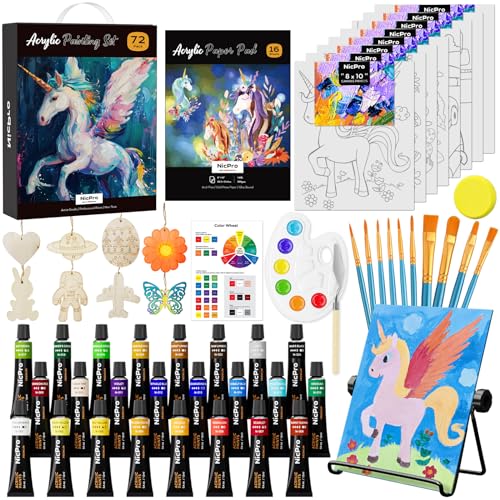 Nicpro 72PCS Kids Painting Set with Pattern Canvas for Beginner Students | 24 Acrylic Paints, 10 Brushes, 8 Canvas Panels, Table Easel, Paper Pad, Color Wheel, Palette, Art Painting Supplies Kit - color: 24 Colors