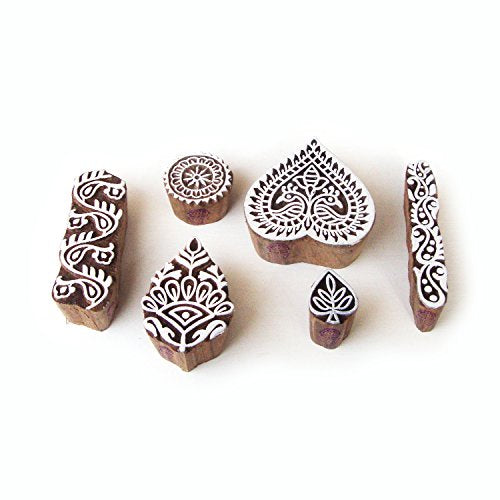 Asian Heart and Leaf Motif Wood Block Stamps (Set of 6) - color: Htag0420