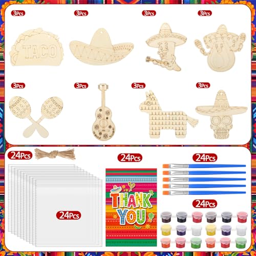 Saypacck 24 Pcs Mexican Taco Party Favors Wooden Paint Craft Kits | Mexican Taco Theme Painting Crafts, Fairy Princess Unicorn Party Supplies, Organza Bags Included for Goodie Bag Fillers - style: Mexican Taco