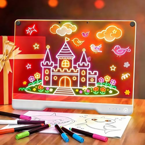 16.7" Portable Rechargeable Led Drawing Board for Kids, Doodle Glow LED Note Board with 7 Colors, DIY Neon Art Dry Erase Light Up Drawing Pad, Perfect Christmas & Birthday Gifts for Girls Boys - color: White