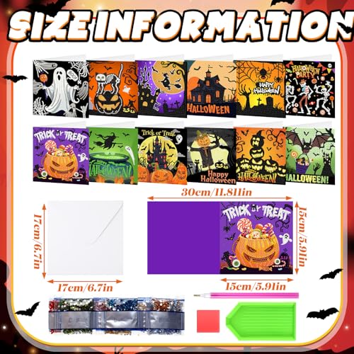 Saillong 12 Pack Halloween Diamond Painting Greeting Card Kits DIY Diamond Art Cards with Envelopes Bat Black Cat Pumpkin 5D Rhinestones Painting for Adults DIY Craft Family Friend Halloween Gifts - color: Halloween