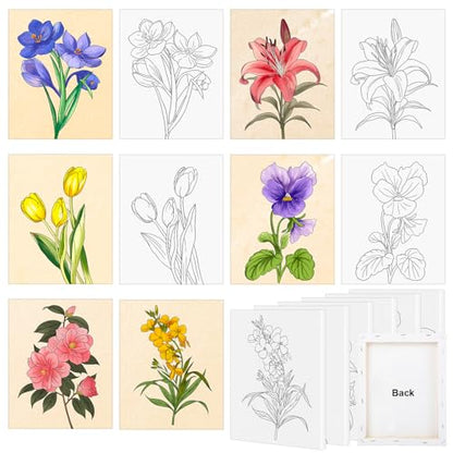 COCHIE 6 Pack 8x10 Inches Flower Pre Drawn Canvas to Paint for Sip and Paint Party, Pre Printed Framed Canvases Set, Floral Tulip Violet Pre Sketched Canvas for Painting for Adults Kids