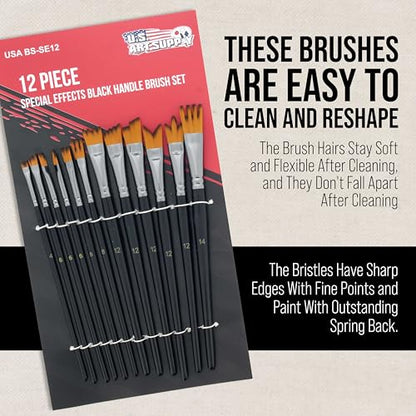 U.S. Art Supply 12 Piece Special Effects Artist Paint Brush Set - Professional Taklon Synthetic FX Brushes, Ribbon, Muti-Liner, Angular - Create Grass, Hair, Fur - Watercolor, Acrylic, Gouache, Oil