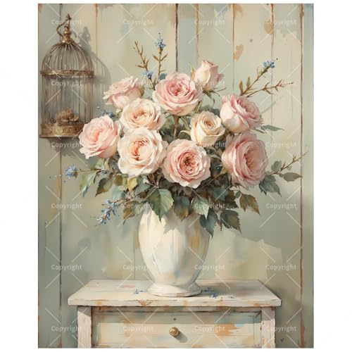 Still Life Paint by Numbers Kit for Adults - DIY Pink Roses in Vase Painting on Canvas, Acrylic Paint Set, Suitable for Beginners, Art for Home Decoration or Gifts(8X12IN Framed) - color: HSX00322, size: 8X12IN Framed