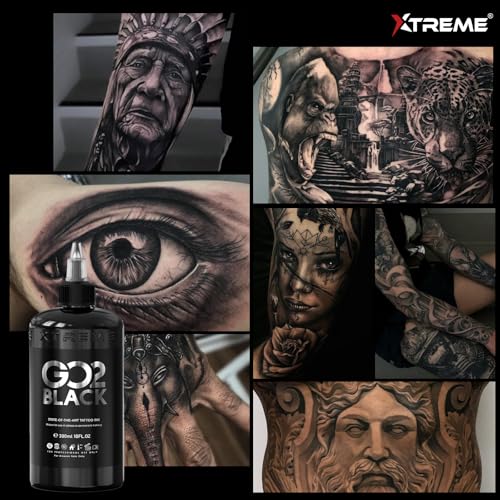 Xtreme GO2 Black Tattoo Ink 10oz – Professional Tattoo Ink for Bold Fillings & Shading, Long-Lasting Vivid Color, Highly Concentrated & Fade-Resistant, Smooth Application, Vegan Tattoo Ink