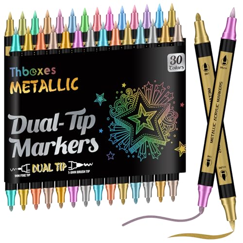 Thboxes 30 Colors Metallic Acrylic Paint Pens | Dual Tip Acrylic Paint Pens for Scrapbook, Works on Wood Glass Ceramic Scrapbook Supplies DIY
