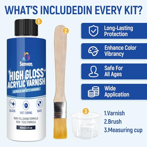 Gloss Varnish for Acrylic Painting, Artist's Acrylic Varnish Kit, Non-Yellowing, Non-Toxic, Anti-Crazing, High Gloss Finish for Artwork, Acrylics Paint, Suitable for Pro Artists, Hobby Painter - style: Gloss