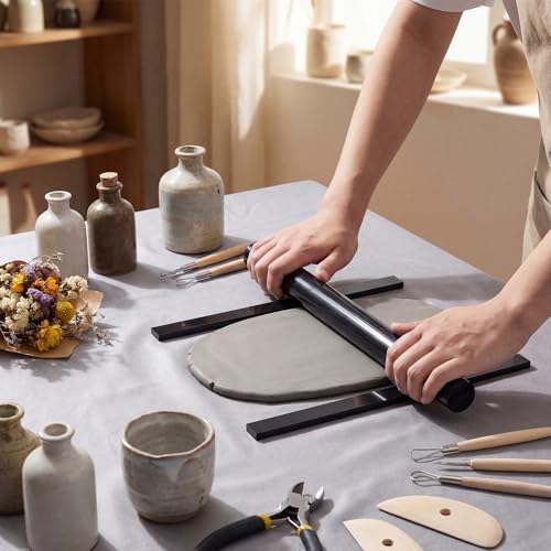 Fiwochic 12 Pcs Acrylic Pottery Tools Set Includes 1 Acrylic Clay Rolling Pin Sculpting Polymer Clay Tools 1 Stain Resistant Tablecloth and 10 Pcs 5 Size Teaching Rolling Mud Stick Guide(Black) - color: Black
