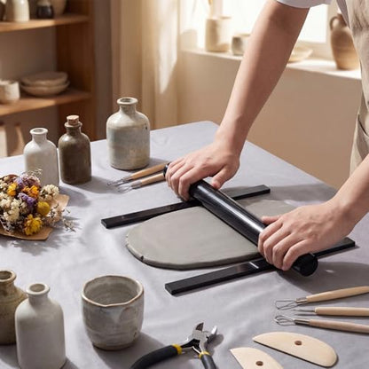 Fiwochic 12 Pcs Acrylic Pottery Tools Set Includes 1 Acrylic Clay Rolling Pin Sculpting Polymer Clay Tools 1 Stain Resistant Tablecloth and 10 Pcs 5 Size Teaching Rolling Mud Stick Guide(Black) - color: Black