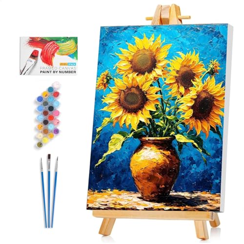 Framed Paint by Numbers Kit for Adults Beginner & Kids Ages 8-12, Sunflower Easy Paint by Numbers without Easel, Flowers Vase Acrylic Adult Painting by Number Kits on Canvas for Decor Gift 8 x 12 Inch - color: XM-OP-F-Sunflower-2030