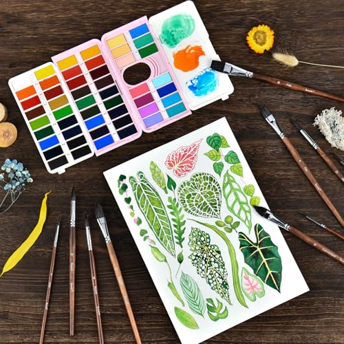 Brusarth Watercolor Brushes, Synthetic Squirrel Hair Paint Brush Set | 10 Pcs Soft Synthetic Squirrel Paint Brushes, Including Pointed Rounds, Flats, Dagger, Cats Tongue, Oval Wash